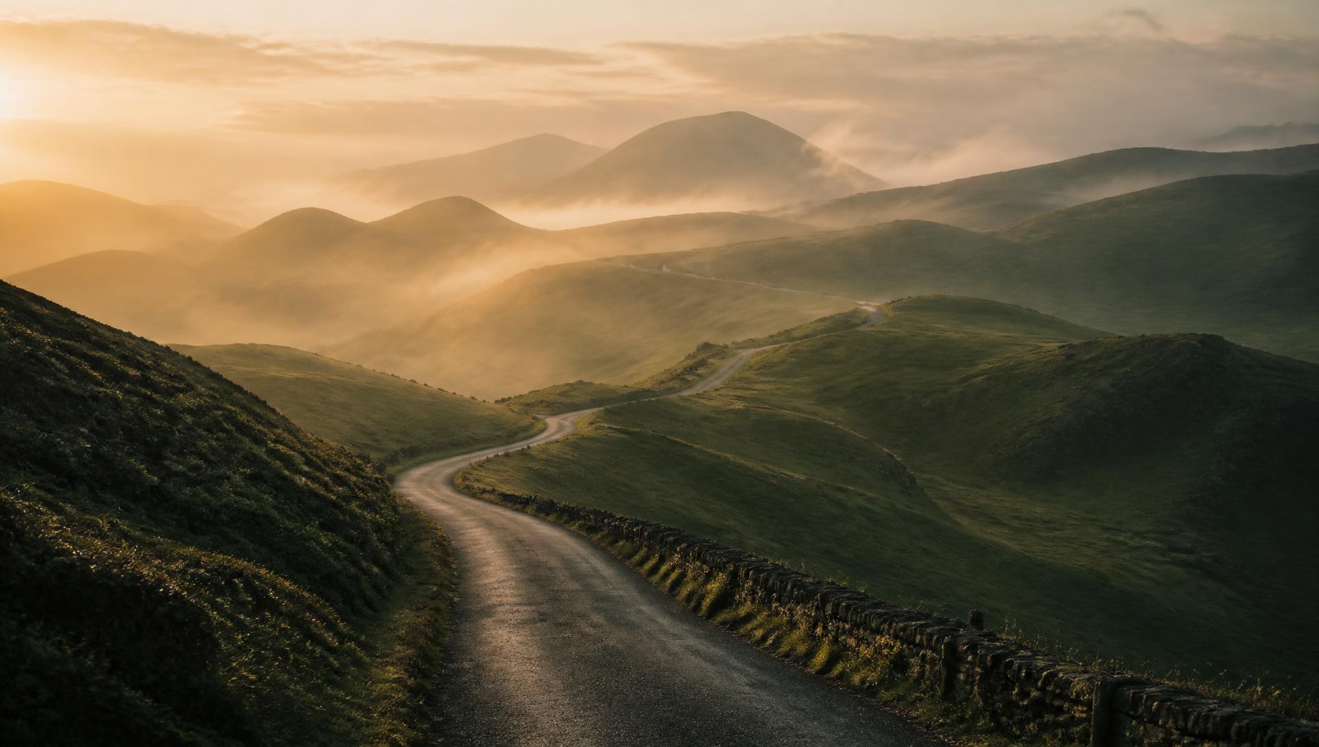 An empty road curving through misty green hills at dawn